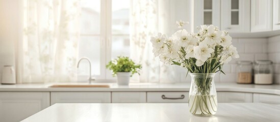 Fototapeta premium White Flowers in a Kitchen Vase: A Serene and Elegant Home Decor