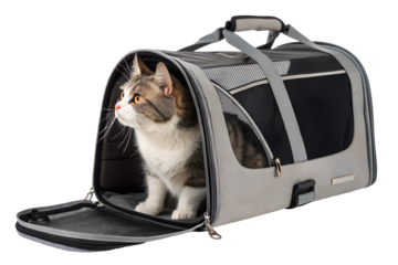 Best portable pet carrier bag for cats and small dogs, stylish and breathable travel enclosure mesh ventilation, durable and foldable design, isolated PNG cut out, transparent background, 4K download