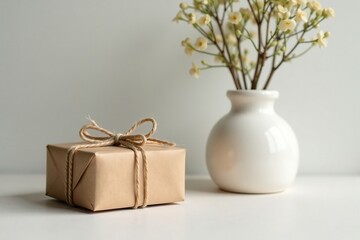 Simple paper gift box wrapped with twine and tied around a vase, paper, holiday