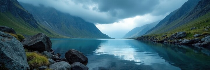 stormy weather affects isolated mountain lake, water, rocky