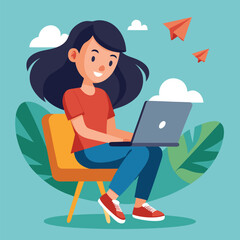 a girl is using his laptop vector