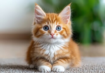 Adorable Orange Tabby Kitten with Blue Eyes on Soft Carpet Background