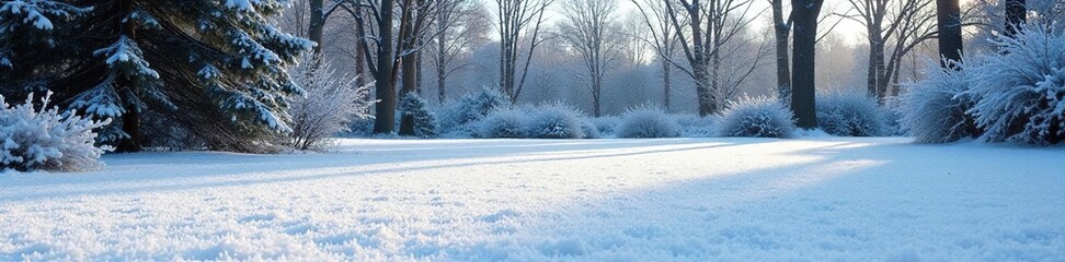 Freshly fallen snow on a blanketed lawn with bare trees and winter foliage, frosty, lawn, frozen