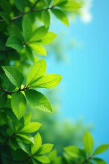 Fresh green leaves of Streblus asper against a bright blue sky background, plants, forest, tree