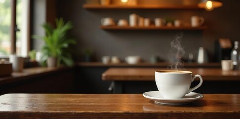 Obraz premium Morning coffee cups stacked on a table in a cozy coffee shop, rustic decor, coffee shop