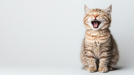 Cute orange tabby kitten yawning with joyful expression on backdrop