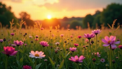 Obraz premium The soft glow of sunset illuminates a field of wildflowers, natural scenery, peaceful, serene