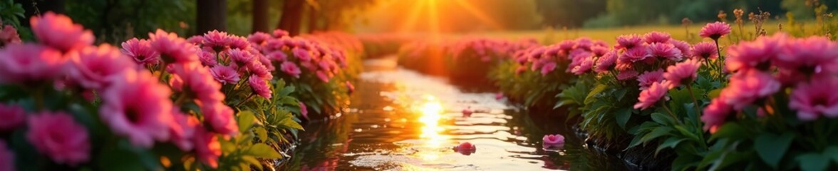 Sunset casts warm light on pink flower beds by a gentle stream, stream, pink