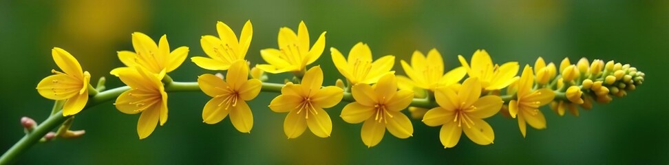 Obraz premium Yellow flowering stem with dense spiral arrangement, flora, springtime, subpedicellate