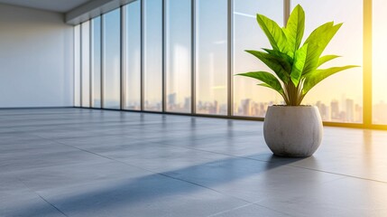 Modern Sleek Office Space with Large Glass Windows and Green Plant