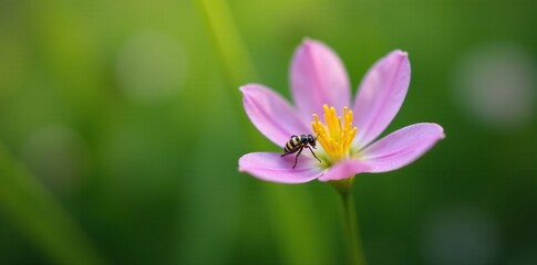 Fototapeta premium A small Gentiana punctata flower with a tiny insect crawling across its surface, insect life, garden flowers, wildflowers
