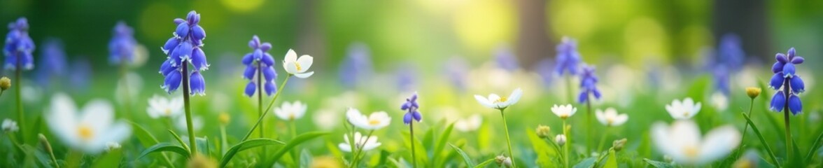 Delicate bluebells sway gently in a field of white wildflowers, spring, hues