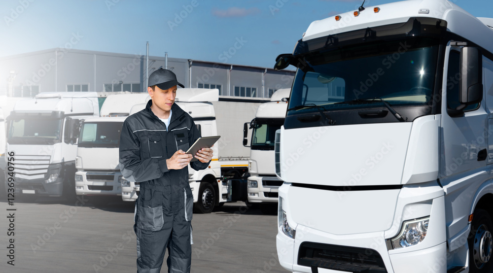 Aufkleber fleet manager with digital tablet on a background of trucks