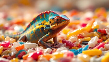 Vibrant Chameleon on Colorful Candy Stones