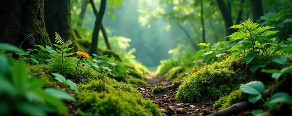 Jungle floor covered in moss, ferns, and wildflowers, greenery, scenery, moss