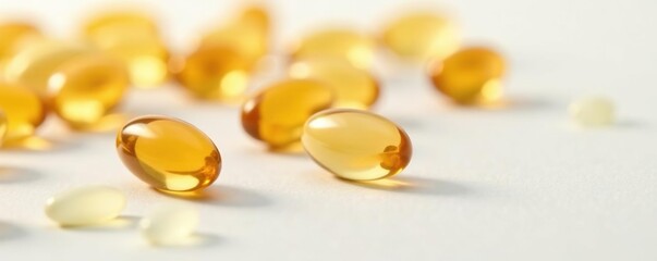 Lecithin capsules on white surface scattered randomly, wellness, vitamins, dietary supplements