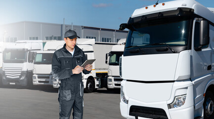 Fleet manager with digital tablet on a background of trucks