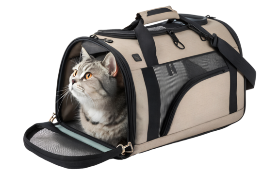 Best portable pet carrier bag for cats and small dogs, stylish and breathable travel enclosure mesh ventilation, durable and foldable design, isolated PNG cut out, transparent background, 4K download