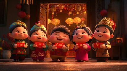 Fototapeta premium Happy children celebrate Lunar New Year in festive courtyard