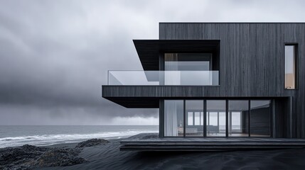 Fototapeta premium A minimalist beach house featuring charcoal black wood cladding and matte gray walls