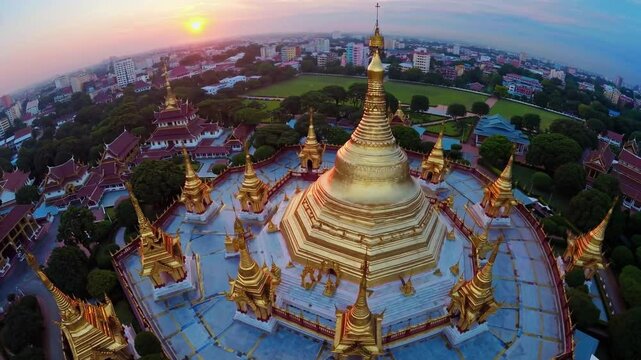 A breathtaking 4K ultra-HD aerial stock video capturing the radiant beauty of Shwedagon Pagoda in Myanmar, 