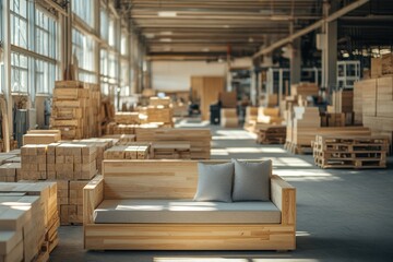 Wooden furniture factory with modern sofa in spacious warehouse.