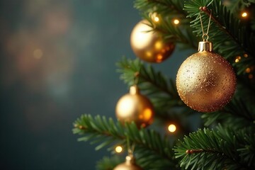 Sparkling gold ornaments on a vintage-inspired Christmas tree branch, decorations, Christmas, festive