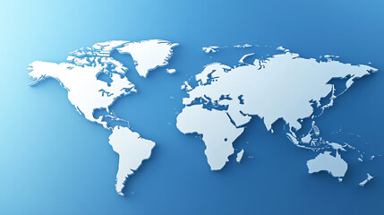 3D world map with a light blue gradient background, showing the continents in a clean, modern design. This image represents global connectivity and international business.