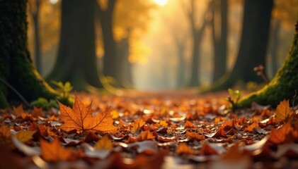 Fototapeta premium Earthy tones of a forest floor covered in fallen leaves, nature, earthy tone,