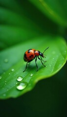 Naklejka premium Aphid on a green leaf with tiny droplets of dew, organic gardens, leaves, botanicals