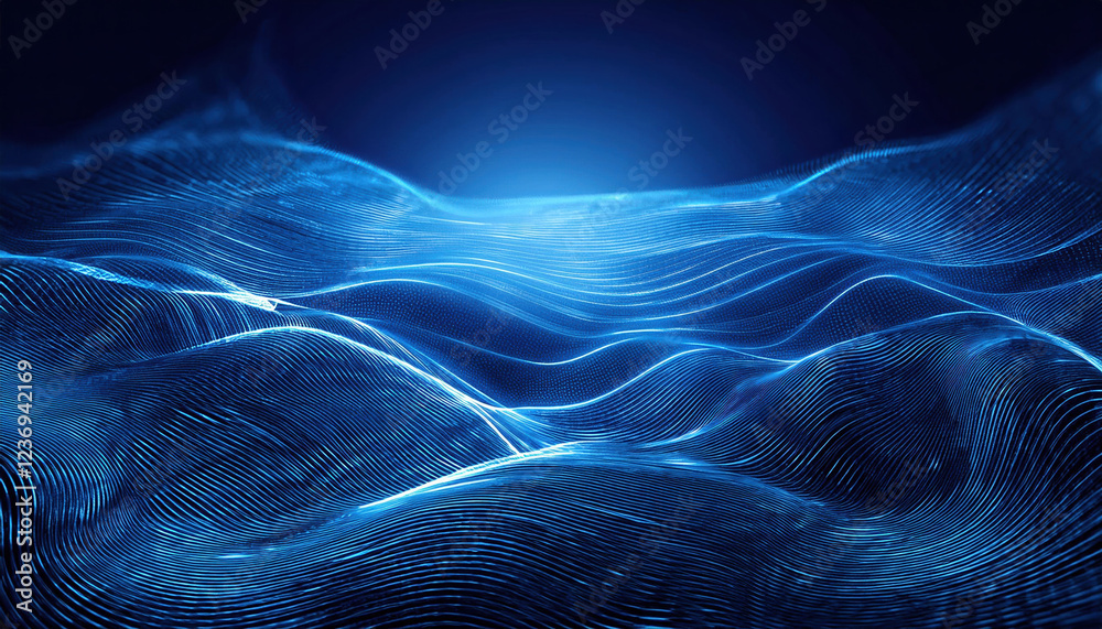 Poster digital blue waves with glowing lines and particles create mesmerizing background