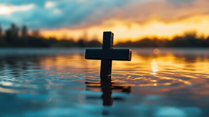 Large Dark Wooden Cross Partially Submerged in Tranquil Water