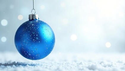 Glittering blue Christmas ball suspended in mid-air, winter wonderland, white background