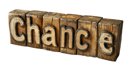 Wooden Blocks Spelling Chance Rustic Design, Retro Text for Hope and Opportunity, isolated on transparent background.