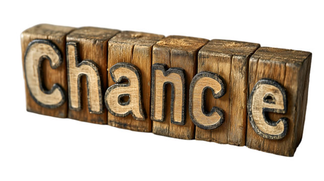 Wooden Blocks Spelling Chance Rustic Design, Retro Text for Hope and Opportunity, isolated on transparent background.