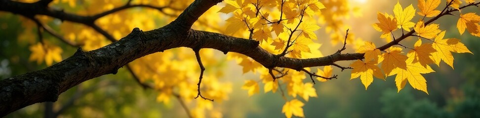 Twisted oak branch with yellow leaves hanging from forest canopy, nature, foryest, foliage