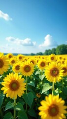 Obraz premium Yellow sunflower fields in a serene blue landscape, flowers, serene, sunny