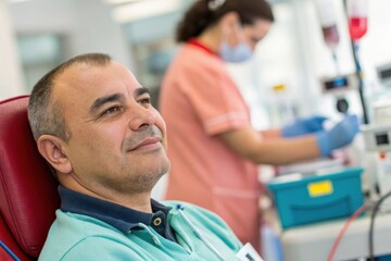 Caucasian adult male donating blood in medical clinic setting.