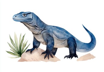 Obraz premium Blue Lizard Illustration with Desert Plant in Watercolor Style
