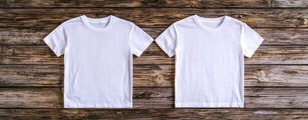 Flat Lay of Two White Shirts Displayed on Wooden Background