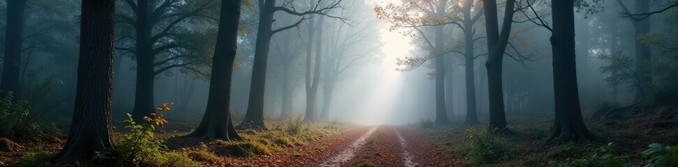 Fototapeta premium Foggy forest path with mist swirling around trees, dry, mist