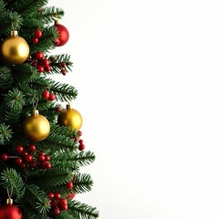 Fototapeta premium Decorated Christmas tree with gold ornaments, red berries, and greenery, seasonal, berries, evergreen