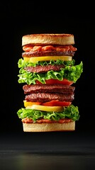 Tall Layered Beef Sandwich with Fresh Vegetables and Toppings