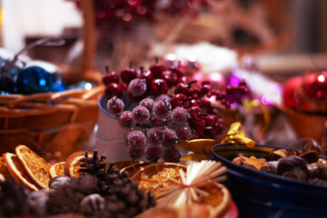 Christmas attributes for making Christmas tree compositions, Christmas wreaths, artificial and natural decorations for the new year and Christmas