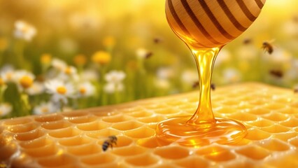 Sweet, natural honey drips from a wooden spoon into a glass of golden liquid