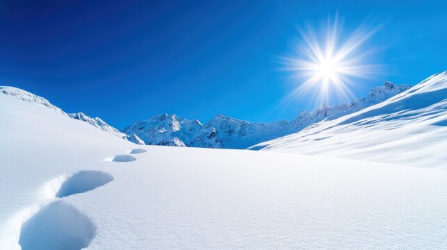 Pristine winter landscape with sunlit snowy mountains and clear blue sky in daylight.