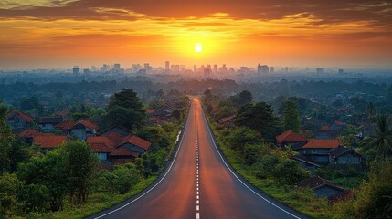 Obraz premium Sunrise road to city, tranquil landscape, urban skyline, travel