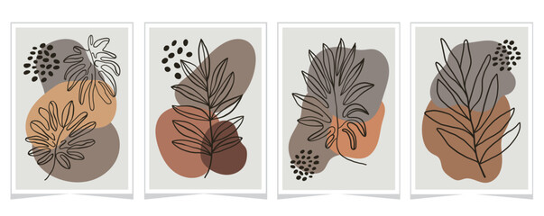 Set of boho abstract botanical posters with hand-drawn leaves, organic shapes, and earthy tones. Modern wall art. 