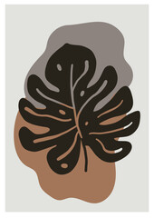 Fototapeta premium Abstract botanical poster with a dark monstera leaf, organic shapes, and earthy tones. Modern wall art