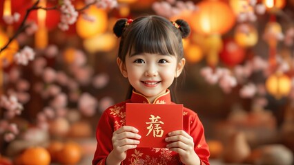 A smiling child, pose for festive Chinese New Year holding envelope